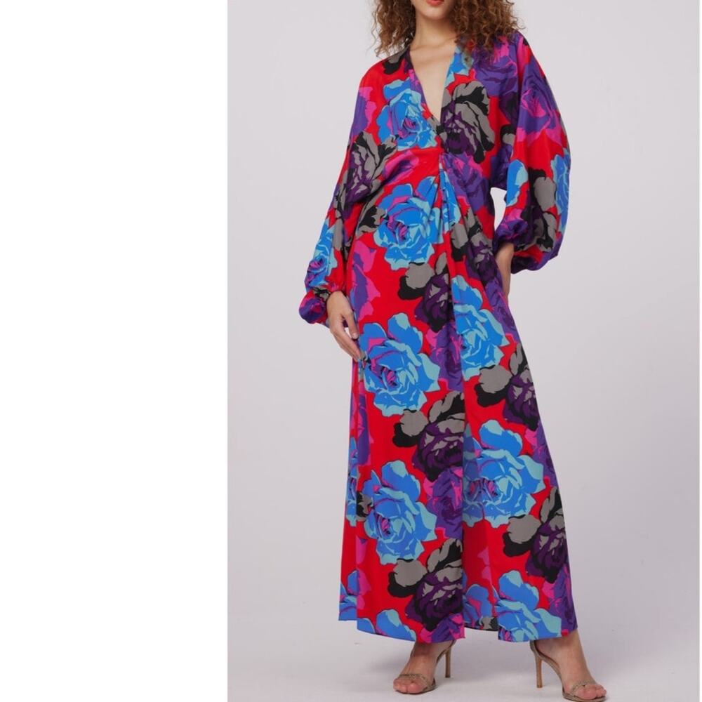 NWT Diane Von Furstenberg Kason red blue floral boho flowy maxi dress size XS